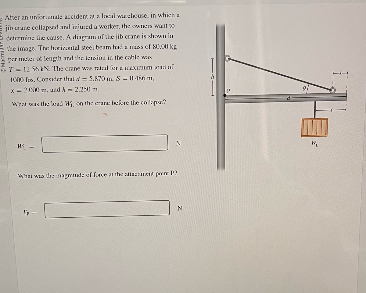 D After an unfortunate accident at a local warehouse, in which a
jib crane collapsed and injured a worker, the owners want to
determine the cause. A diagram of the jib crane is shown in
the image. The horizontal steel beam had a mass of 80.00 kg
per meter of length and the tension in the cable was
T= 12.56 kN. The crane was rated for a maximum load of
1000 lbs. Consider that d = 5.870 m, S = 0.486 m,
x = 2.000 m, and h = 2.250 m.
What was the load W₁ on the crane before the collapse?
WL =
N
What was the magnitude of force at the attachment point P?
Fp =
N
P
W₁