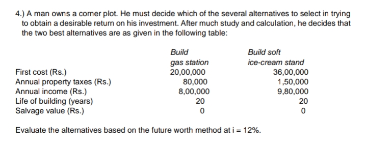 4.) A man owns a corner plot. He must decide which of the several alternatives to select in trying
to obtain a desirable return on his investment. After much study and calculation, he decides that
the two best alternatives are as given in the following table:
Build
Build soft
ice-cream stand
First cost (Rs.)
Annual property taxes (Rs.)
Annual income (Rs.)
Life of building (years)
Salvage value (Rs.)
gas station
20,00,000
80,000
8,00,000
36,00,000
1,50,000
9,80,000
20
20
Evaluate the alternatives based on the future worth method at i = 12%.
%3D
