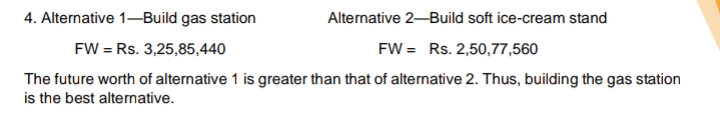 4. Alternative 1-Build gas station
Alternative 2-Build soft ice-cream stand
FW = Rs. 3,25,85,440
FW = Rs. 2,50,77,560
The future worth of alternative 1 is greater than that of alternative 2. Thus, building the gas station
is the best alternative.
