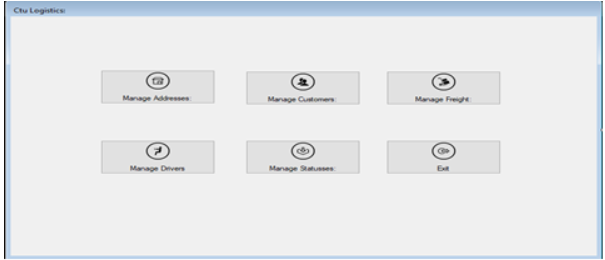 Ctu Legistics
Manage Addesses
Manage Cutomes
Manage Freige
Manage Drivers
Manage Statusses
