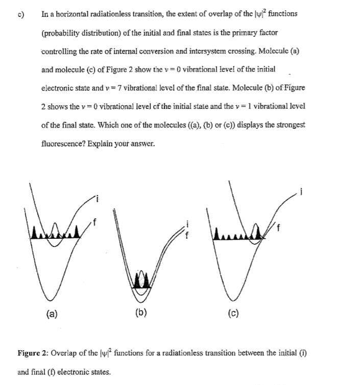 c)
In a horizontal radiationless transition, the extent of overlap of the lu functions
(probability distribution) of the initial and final states is the primary factor
controlling the rate of internal conversion and intersystem crossing. Molecule (a)
and molecule (c) of Figure 2 show the v = 0 vibrational level of the initial
electronic state and v 7 vibrational level of the final state. Molecule (b) of Figure
2 shows the v= 0 vibrational level of the initial state and thev =1 vibrational level
of the final state. Which one of the molecules (a), (b) or (c)) displays the strongest
fluorescence? Explain your answer.
(a)
(b)
(c)
Figure 2: Overlap of the lyf functions for a radiationless transition between the initial (i)
and finál (f) electronie states.
