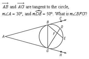 AB and AG are tangent to the circle,
mLA = 30°, and mDE = 50°. What is MZBFG?
%3D
