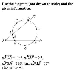 Use the diagram (not drawn to scale) and the
given information.
D.
MBCD=114°, MDEF = 94°,
MFGH = 136°, and MHAB= 16°
Find MZFPD.
