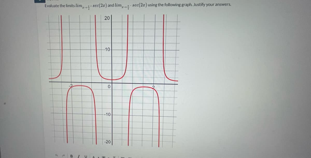 Evaluate the limits lim, sec(2x) and lim-sec(2x) using the following graph. Justify your answers.
9
B
U
20
-10-
0
-10-
-20