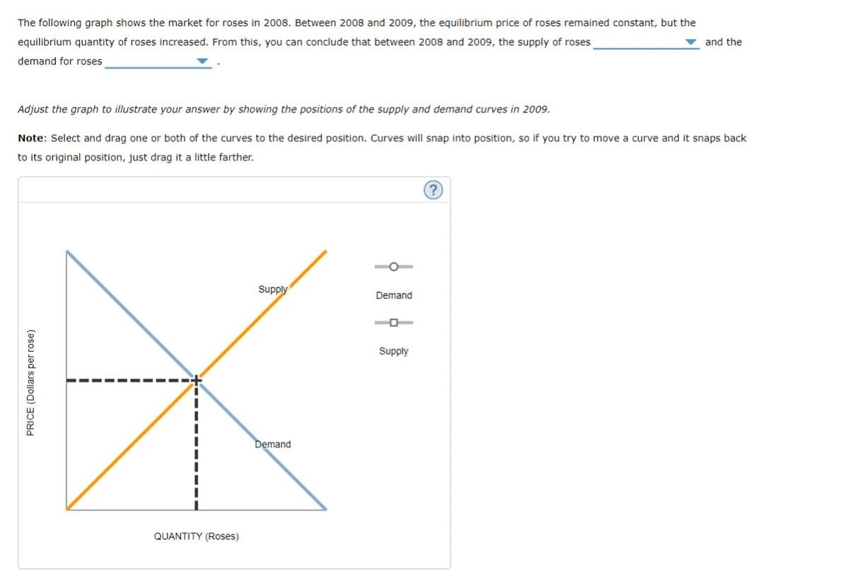 The following graph shows the market for roses in 2008. Between 2008 and 2009, the equilibrium price of roses remained constant, but the
equilibrium quantity of roses increased. From this, you can conclude that between 2008 and 2009, the supply of roses
demand for roses
Adjust the graph to illustrate your answer by showing the positions of the supply and demand curves in 2009.
Note: Select and drag one or both of the curves to the desired position. Curves will snap into position, so if you try to move a curve and it snaps back
to its original position, just drag it a little farther.
PRICE (Dollars per rose)
QUANTITY (Roses)
Supply
Demand
Demand
and the
Supply