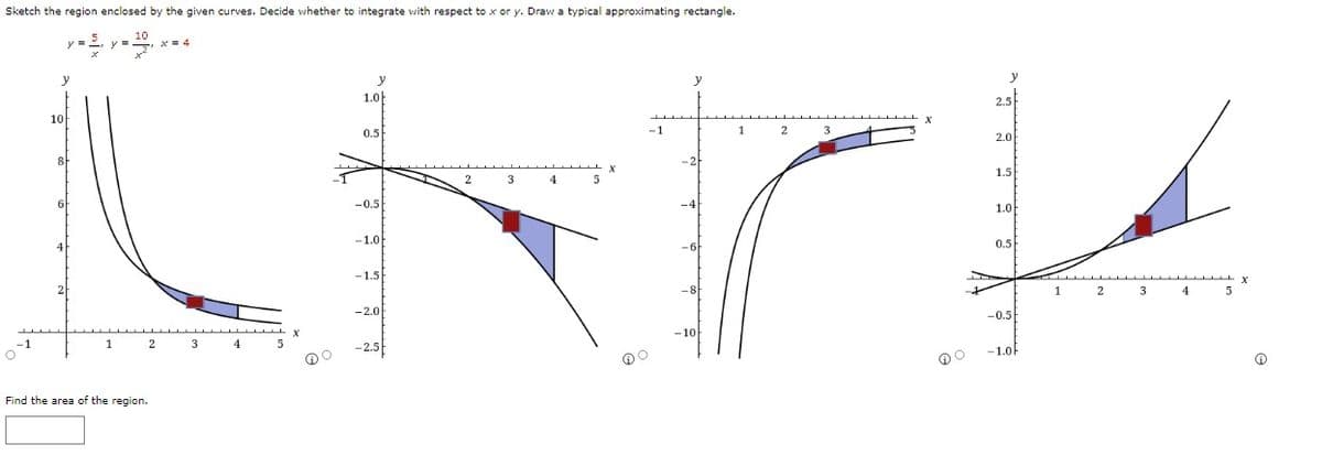 Sketch the region enclosed by the given curves. Decide whether to integrate with respect to x or y. Draw a typical approximating rectangle.
10
= 5, y y = x= 4
'X²'
-1
y
10
8
y =
2
1
2
Find the area of the region.
3
4
5
y
1.0
-1
1
2
3
NCH
-6
-10
0.5
-0.5
-1.0
-1.5
-2.0
-2.5
2
3
4
y
5
2.5
2.0
1.5
1.0
0.5
-0.5
-1.0-
1
2
3
4
X
5
Ⓡ