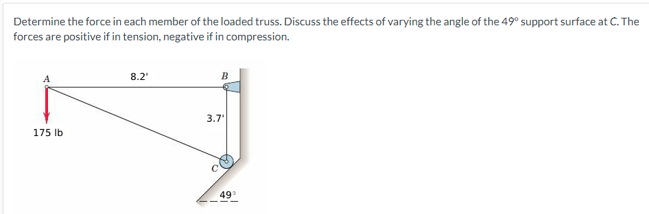 Determine the force in each member of the loaded truss. Discuss the effects of varying the angle of the 49° support surface at C. The
forces are positive if in tension, negative if in compression.
A
8.2'
B
3.7'
175 lb
49°
