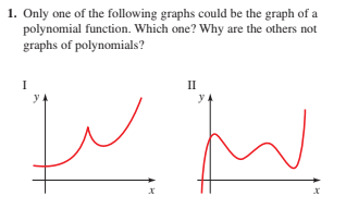 1. Only one of the following graphs could be the graph of a
polynomial function. Which one? Why are the others not
graphs of polynomials?
I
II
