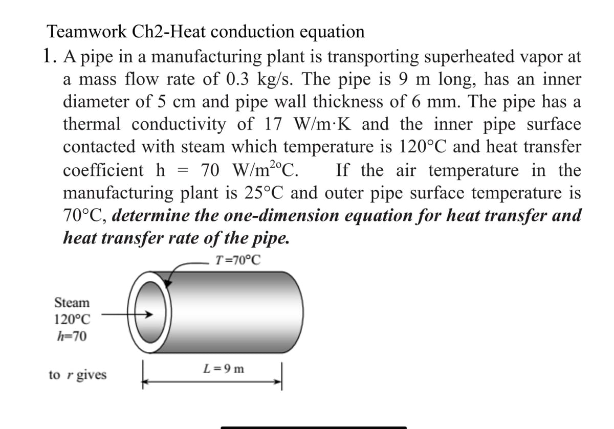 Teamwork Ch2-Heat conduction equation
1. A pipe in a manufacturing plant is transporting superheated vapor at
a mass flow rate of 0.3 kg/s. The pipe is 9 m long, has an inner
diameter of 5 cm and pipe wall thickness of 6 mm. The pipe has a
thermal conductivity of 17 W/m•K and the inner pipe surface
contacted with steam which temperature is 120°C and heat transfer
coefficient h
70 W/m2°C.
If the air temperature in the
manufacturing plant is 25°C and outer pipe surface temperature is
70°C, determine the one-dimension equation for heat transfer and
heat transfer rate of the pipe.
T=70°C
Steam
120°C
h=70
L=9 m
to r gives
