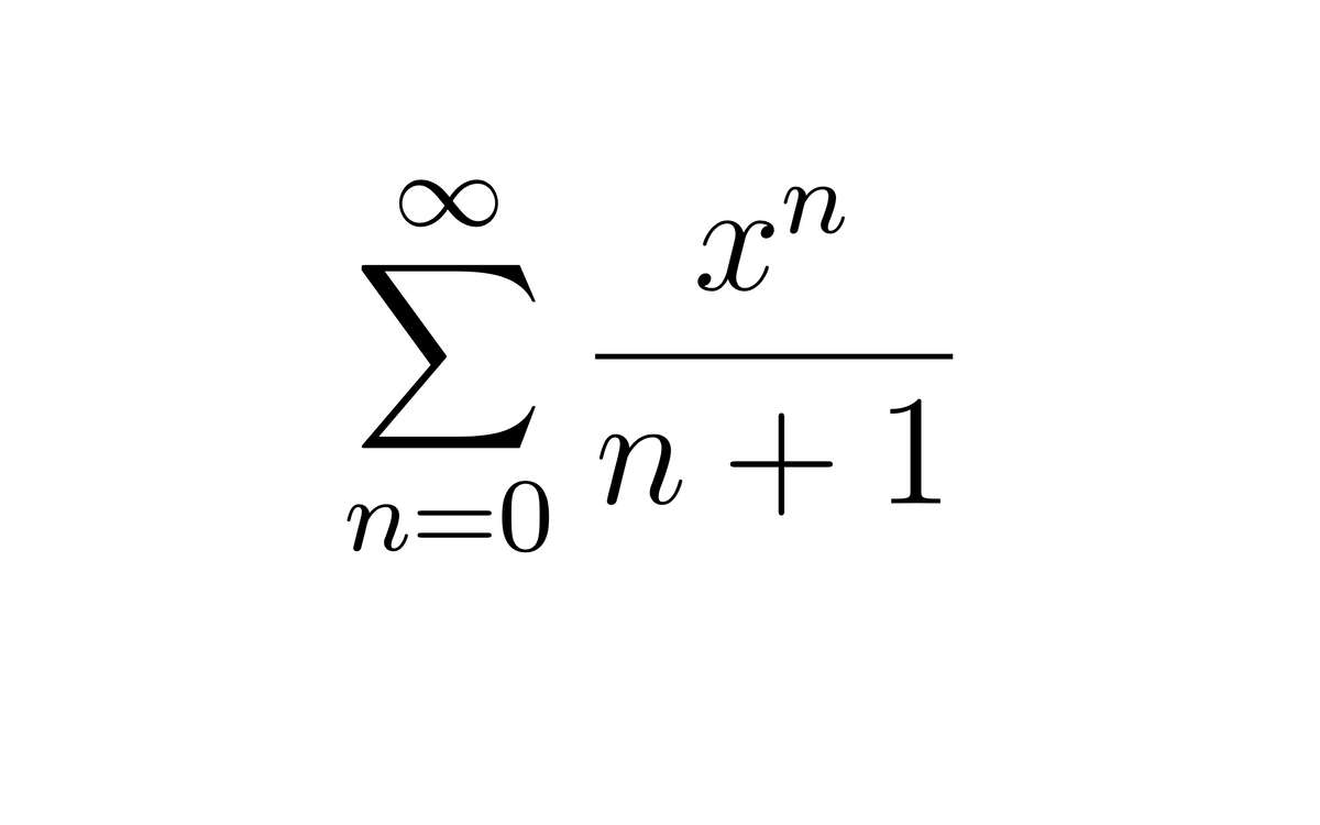 The image displays a mathematical series expression:

\[
\sum_{n=0}^{\infty} \frac{x^n}{n+1}
\]

This is an infinite series, where:

- The summation symbol \(\sum\) denotes that you sum the terms from \(n = 0\) to \(\infty\).
- \(x^n\) represents \(x\) raised to the power of \(n\).
- The denominator \(n + 1\) increases by 1 as \(n\) increases.

This series is often used in mathematical analysis and can be related to generating functions and power series expansions.