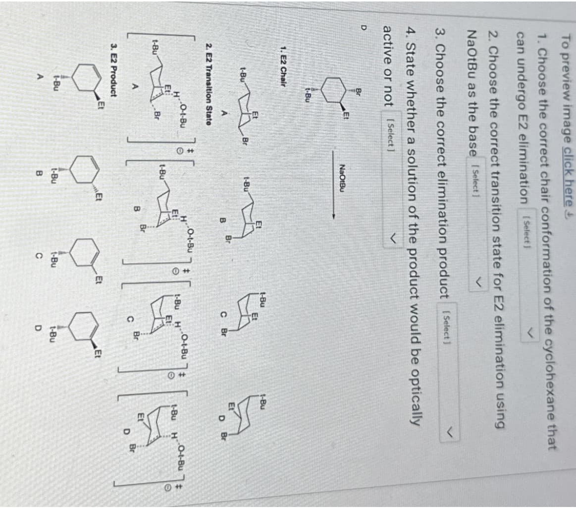 To preview image click here &
1. Choose the correct chair conformation of the cyclohexane that
can undergo E2 elimination [Select]
2. Choose the correct transition state for E2 elimination using
NaOtBu as the base [Select]
3. Choose the correct elimination product [Select]
4. State whether a solution of the product would be optically
active or not [Select]
D
1. E2 Chair
t-Bu
Br
t-Bu
t-Bu
A
2. E2 Transition State
A
H
3. E2 Product
1-Bu
A
Et
O-1-Bu
Et
Br
O-t-Bu
H
LITTE
Et
t-Bu
e
Br
B
Br
NaOtBu
t-Bu
t-Bu
t-Bu
B
g
Br
B
Et
1-Bu
с
1-Bu
Et
C Br
H
O-1-But
Br
C
t-Bu
D
Et
1-Bu
O
Br
1-Bu H
Et
D
O-1-Bu
Br
#
O