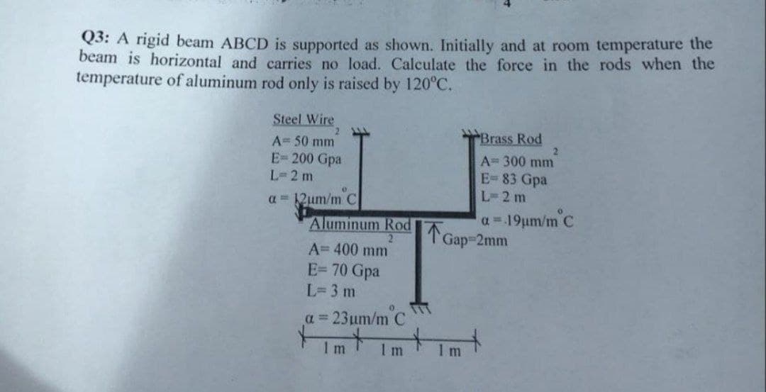 Q3: A rigid beam ABCD is supported as shown. Initially and at room temperature the
beam is horizontal and carries no load. Calculate the force in the rods when the
temperature of aluminum rod only is raised by 120°C.
Steel Wire
A= 50 mm
Brass Rod
E-200 Gpa
L=2 m
A= 300 mm
E-83 Gpa
L=2 m
a = 12um/m C
a = 19um/m C
Gap-2mm
Aluminum Rod
A= 400 mm
E= 70 Gpa
L=3 m
a = 23um/m C
Im
1 m
1 m
