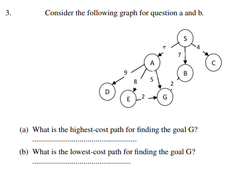 3.
Consider the following graph for question a and b.
8
E
(a) What is the highest-cost path for finding the goal G?
(b) What is the lowest-cost path for finding the goal G?
