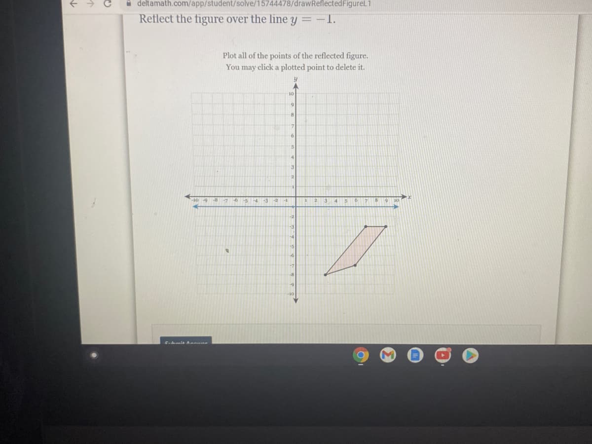 A deltamath.com/app/student/solve/15744478/drawReflectedFigureL1
Reflect the figure over the line y =-1.
Plot all of the points of the reflected figure.
You may click a plotted point to delete it.
10
5.
2.
3
4
C.hmit Am
