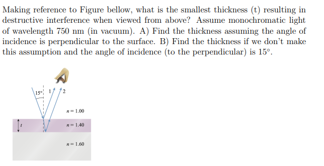 Making reference to Figure bellow, what is the smallest thickness (t) resulting in
destructive interference when viewed from above? Assume monochromatic light
of wavelength 750 nm (in vacuum). A) Find the thickness assuming the angle of
incidence is perpendicular to the surface. B) Find the thickness if we don't make
this assumption and the angle of incidence (to the perpendicular) is 15°.
15°
n=1.00
n=1.40
n = 1.60