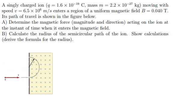 A singly charged ion (q = 1.6 × 10-¹⁹ C, mass m = 2.2 x 10-27 kg) moving with
speed v = 6.5 x 106 m/s enters a region of a uniform magnetic field B = 0.040 T.
Its path of travel is shown in the figure below.
A) Determine the magnetic force (magnitude and direction) acting on the ion at
the instant of time when it enters the magnetic field.
B) Calculate the radius of the semicircular path of the ion. Show calculations
(derive the formula for the radius).
x
x
X
X
x
x
x
x
х х х
X
XXX
X
x
X X
X X