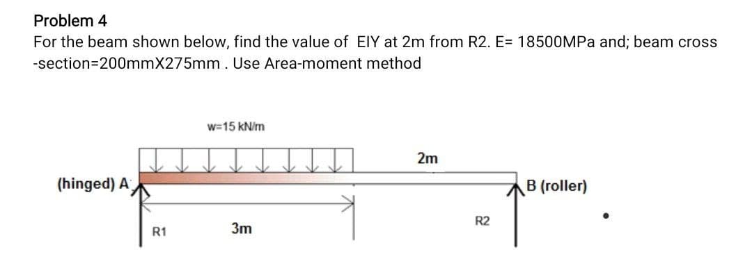 Problem 4
For the beam shown below, find the value of EIY at 2m from R2. E= 18500MPa and; beam cross
-section=200mmX275mm . Use Area-moment method
w=15 kN/m
2m
(hinged) A
B (roller)
R2
R1
3m
