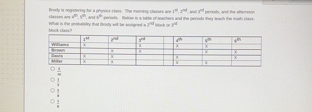 Brody is registering for a physics class. The morning classes are 1st, 2nd, and 3rd periods, and the afternoon
classes are 4tn, 5th, and 6th periods. Below is a table of teachers and the periods they teach the math class.
What is the probability that Brody will be assigned a 2nd block or 3rd
block class?
1st
2nd
3rd
4th
5th
6th
Williams
Brown
Davis
Miller
16
