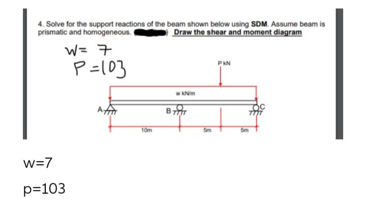 4. Solve for the support reactions of the beam shown below using SDM. Assume beam is
prismatic and homogeneous.
Draw the shear and moment diagram
W= 7
P=10}
P KN
w kN/m
10m
5m
5m
w=7
p=103
