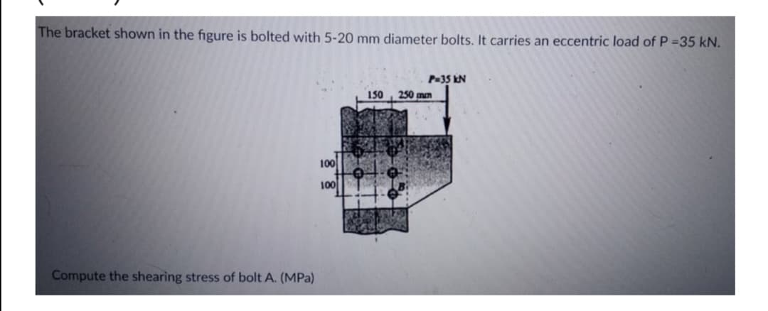 The bracket shown in the figure is bolted with 5-20 mm diameter bolts. It carries an eccentric load of P =35 kN.
P=35 kN
150
250 mm
100
100
Compute the shearing stress of bolt A. (MPa)
