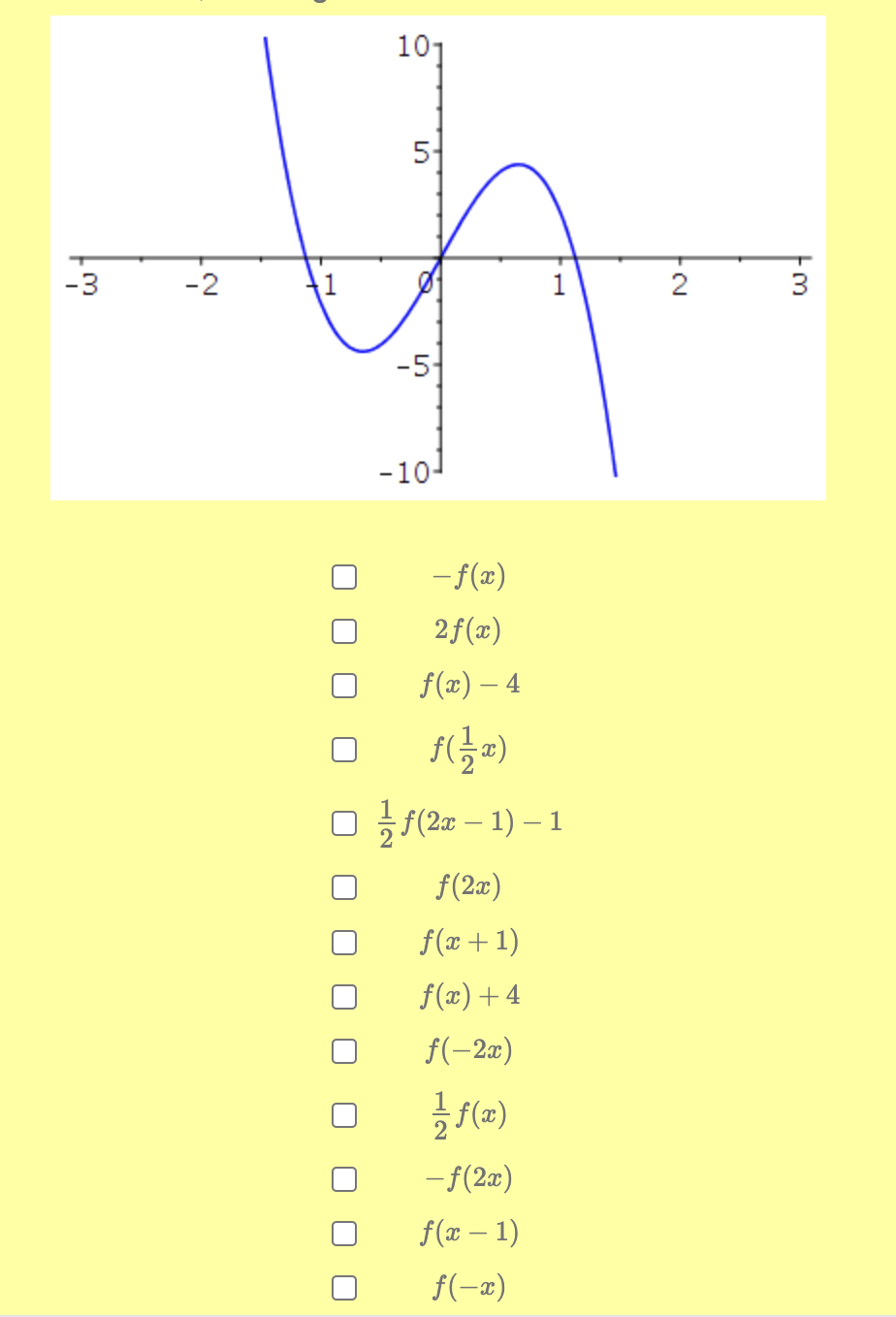 -3
-2
1
101
5-
-5-
-10-
- f(x)
2f(x)
f(x) – 4
f(x)
1
ƒ(2x − 1) - 1
ƒ(2x)
f(x + 1)
ƒ(x) + 4
f(-2x)
f(x)
-ƒ(2x)
f(x - 1)
f(-x)
2
3