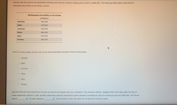 Assume that the parcels are essentially identical and that the minimum selling price of each is $400,000. The following table states each person's
willingness and ability to purchase a parcel.
Andrew
Beth
Lorenzo
Neha
Sam
Teresa
Which of these people will buy one of the three beachfront parcels? Check all that apply.
Andrew
Beth
Lorenzo
Neha
willingness and Ability to Purchase
(Dollars)
340,000
Sam
O Teresa
330,000
550,000
480,000
420,000
380,000
Assume that the three beachfront parcels are sold to the people that you indicated in the previous section. Suppose that a few days after the last of
those beachfront parcels is sold, another essentially identical beachfront parcel becomes available for sale at a minimum price of $360,000. This fourth
parcel
be sold, because
will purchase it from the seller for at least the minimum price.