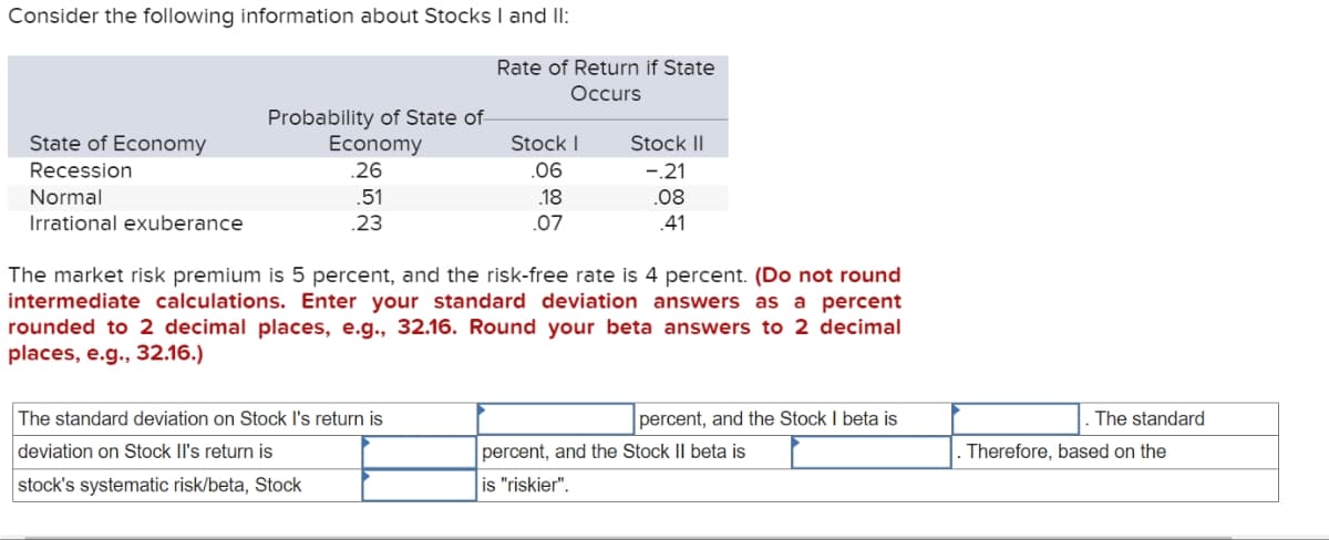 Consider the following information about Stocks I and II:
State of Economy
Recession
Normal
Irrational exuberance
Probability of State of
Economy
.26
.51
.23
Rate of Return if State
Occurs
The standard deviation on Stock I's return is
deviation on Stock Il's return is
stock's systematic risk/beta, Stock
Stock I
.06
.18
.07
Stock II
-.21
.08
.41
The market risk premium is 5 percent, and the risk-free rate is 4 percent. (Do not round
intermediate calculations. Enter your standard deviation answers as a percent
rounded to 2 decimal places, e.g., 32.16. Round your beta answers to 2 decimal
places, e.g., 32.16.)
percent, and the Stock I beta is
percent, and the Stock II beta is
is "riskier".
The standard
Therefore, based on the