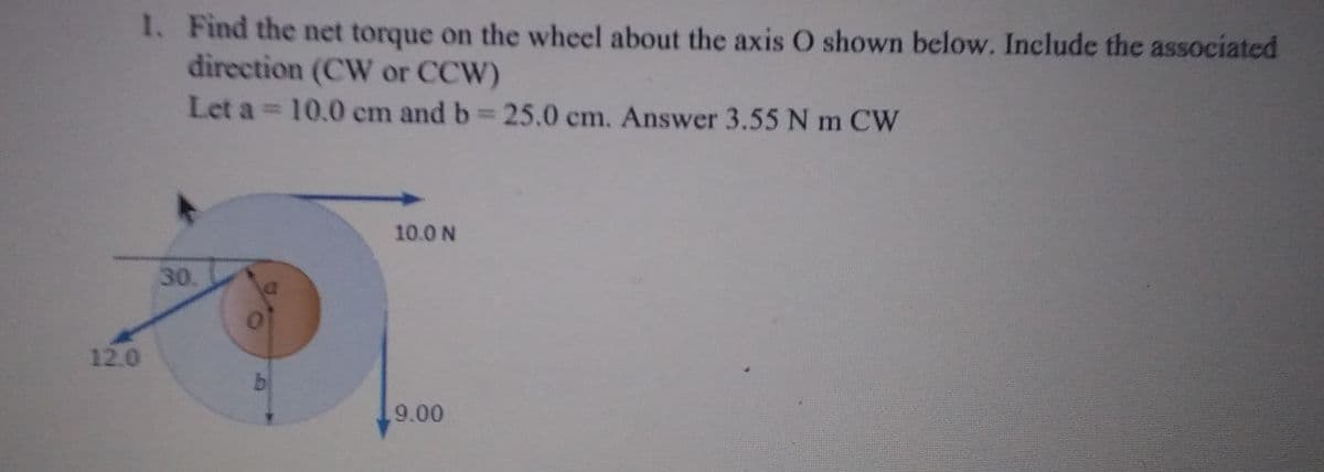 1. Find the net torque on the wheel about the axis O shown below. Include the associated
direction (CW or CCW)
Let a 10.0 cm and b 25.0 cm. Answer 3.55 N m CW
10.0 N
30.
12.0
9.00
