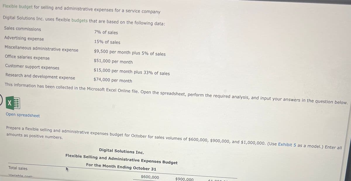 Flexible budget for selling and administrative expenses for a service company
Digital Solutions Inc. uses flexible budgets that are based on the following data:
Sales commissions
7% of sales
Advertising expense
15% of sales
Miscellaneous administrative expense
$9,500 per month plus 5% of sales
Office salaries expense
$51,000 per month
Customer support expenses
$15,000 per month plus 33% of sales
Research and development expense
$74,000 per month
This information has been collected in the Microsoft Excel Online file. Open the spreadsheet, perform the required analysis, and input your answers in the question below.
X
Open spreadsheet
Prepare a flexible selling and administrative expenses budget for October for sales volumes of $600,000, $900,000, and $1,000,000. (Use Exhibit 5 as a model.) Enter all
amounts as positive numbers.
Total sales
Variable cost:
Digital Solutions Inc.
Flexible Selling and Administrative Expenses Budget
For the Month Ending October 31
$600,000
$900,000
+1