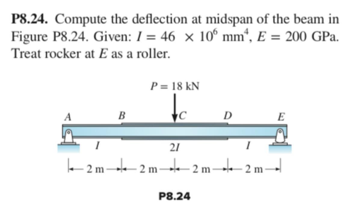 P8.24. Compute the deflection at midspan of the beam in
Figure P8.24. Given: I = 46 × 106 mm², E = 200 GPa.
Treat rocker at E as a roller.
A
B
P = 18 kN
C
I
21
12m + 2m +
2 m2 m
P8.24
D
+
2 m
E