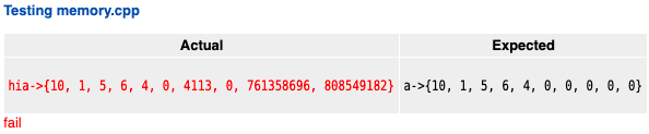 Testing memory.cpp
Actual
Expected
hia->{10, 1, 5, 6, 4, 0, 4113, 0, 761358696, 808549182} a->{10, 1, 5, 6, 4, 0, 0, 0, 0, 0}
fail
