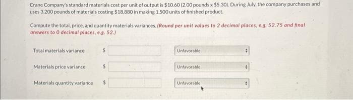 Crane Company's standard materials cost per unit of output is $10.60 (2.00 pounds x $5.30). During July, the company purchases and
uses 3,200 pounds of materials costing $18,880 in making 1,500 units of finished product.
Compute the total, price, and quantity materials variances. (Round per unit values to 2 decimal places, e.g. 52.75 and final
answers to 0 decimal places, e.g. 52.)
Total materials variance
Materials price variance
$
$
Materials quantity variance $
Unfavorable
Unfavorable:
Unfavorable