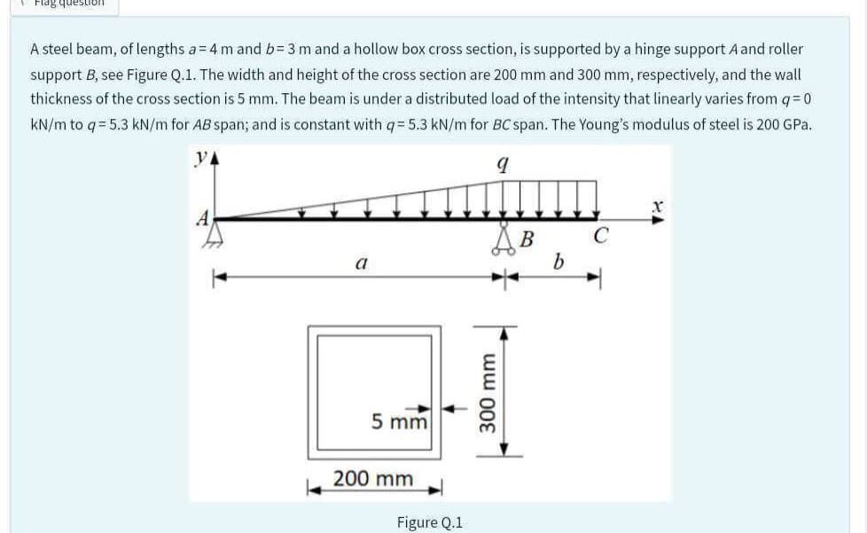 Flag question
A steel beam, of lengths a=4 m and b= 3 m and a hollow box cross section, is supported by a hinge support A and roller
support B, see Figure Q.1. The width and height of the cross section are 200 mm and 300 mm, respectively, and the wall
thickness of the cross section is 5 mm. The beam is under a distributed load of the intensity that linearly varies from q=0
kN/m to q= 5.3 kN/m for AB span; and is constant with q= 5.3 kN/m for BC span. The Young's modulus of steel is 200 GPa.
9
179
a
5 mm
200 mm
Figure Q.1
Дв
300 mm
b
C