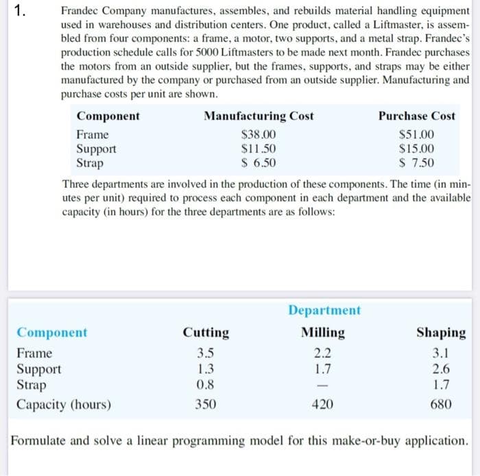 1.
Frandec Company manufactures, assembles, and rebuilds material handling equipment
used in warehouses and distribution centers. One product, called a Liftmaster, is assem-
bled from four components: a frame, a motor, two supports, and a metal strap. Frandec's
production schedule calls for 5000 Liftmasters to be made next month. Frandec purchases
the motors from an outside supplier, but the frames, supports, and straps may be either
manufactured by the company or purchased from an outside supplier. Manufacturing and
purchase costs per unit are shown.
Component
Frame
Support
Strap
Manufacturing Cost
$38.00
$11.50
$ 6.50
Three departments are involved in the production of these components. The time (in min-
utes per unit) required to process each component in each department and the available
capacity (in hours) for the three departments are as follows:
Cutting
3.5
1.3
0.8
350
Department
Milling
2.2
1.7
Purchase Cost
$51.00
$15.00
$ 7.50
Component
Frame
Support
Strap
Capacity (hours)
Formulate and solve a linear programming model for this make-or-buy application.
420
Shaping
3.1
2.6
1.7
680
