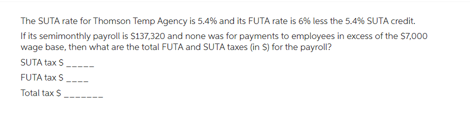 The SUTA rate for Thomson Temp Agency is 5.4% and its FUTA rate is 6% less the 5.4% SUTA credit.
If its semimonthly payroll is $137,320 and none was for payments to employees in excess of the $7,000
wage base, then what are the total FUTA and SUTA taxes (in S) for the payroll?
SUTA tax $
FUTA tax S
Total tax S