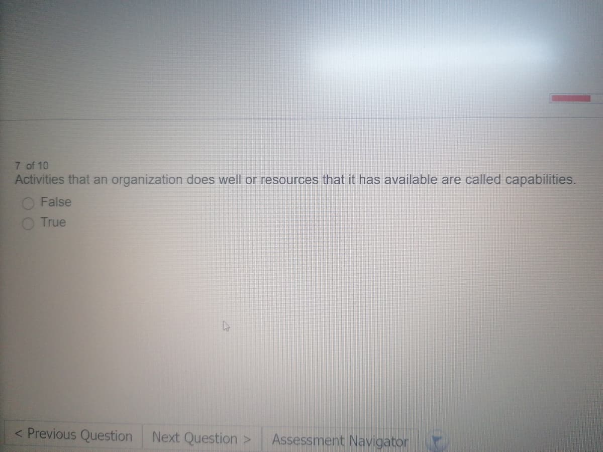 7 of 10
Activities that an organization does well or resources that it has available are called capabilities.
False
True
< Previous Question
Next Question >
Assessment Navigator
