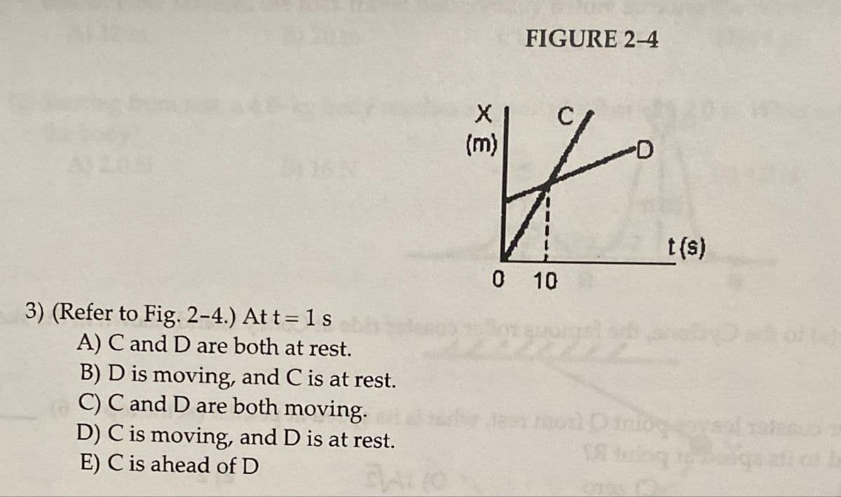 FIGURE 2-4
3) (Refer to Fig. 2-4.) At t = 1 s
A) C and D are both at rest.
B) D is moving, and C is at rest.
C) C and D are both moving.
D) C is moving, and D is at rest.
E) C is ahead of D
X
(m)
K
0 10
t(s)
Jas mol O inide coval