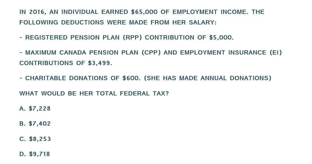 IN 2016, AN INDIVIDUAL EARNED $65,000 OF EMPLOYMENT INCOME. THE
FOLLOWING DEDUCTIONS WERE MADE FROM HER SALARY:
- REGISTERED PENSION PLAN (RPP) CONTRIBUTION OF $5,000.
- MAXIMUM CANADA PENSION PLAN (CPP) AND EMPLOYMENT INSURANCE (EI)
CONTRIBUTIONS OF $3,499.
- CHARITABLE DONATIONS OF $600. (SHE HAS MADE ANNUAL DONATIONS)
WHAT WOULD BE HER TOTAL FEDERAL TAX?
A. $7,228
B. $7,402
C. $8,253
D. $9,718