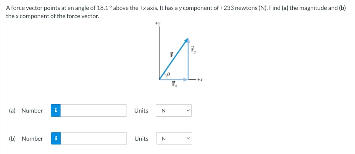 A force vector points at an angle of 18.1° above the +x axis. It has a y component of +233 newtons (N). Find (a) the magnitude and (b)
the x component of the force vector.
+y
+x
(a) Number
i
Units
N
(b) Number
i
Units
N
