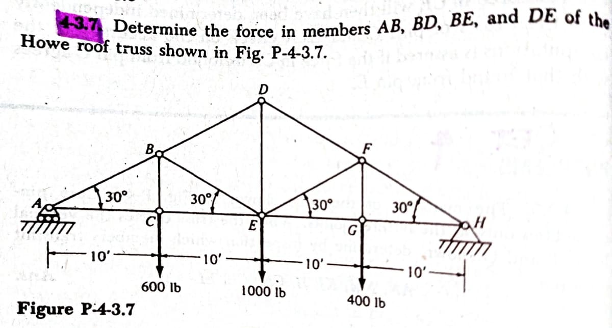 43.7 Determine the force in members AB, BD, BE, and DE of the
Howe roof truss shown in Fig. P-4-3.7.
B.
30°
30°
30°
30°
10'
10'
10'
10'
600 lb
1000 lb
400 lb
Figure P-4-3.7
