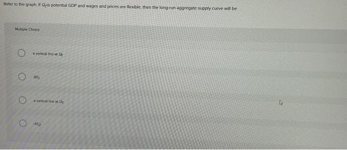 Refer to the graph If Quis potential GDP and wages and prices are flexible, then the long-run aggregate supply curve will be
Multiple Choice
O
O
a vertical line at Q
AS₁
a vertical line at Q₁
AS2