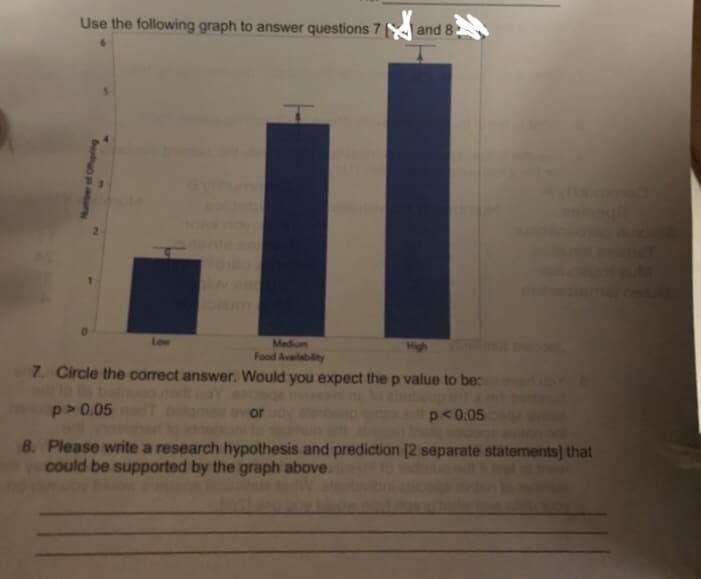 Use the following graph to answer questions 7 [
Number of Offspring
lu
Low
Cany
n
and 8.
Medium
Food Availability
High
7. Circle the correct answer. Would you expect the p value to be:
p> 0.05
p<0.05
8. Please write a research hypothesis and prediction [2 separate statements) that
y could be supported by the graph above.