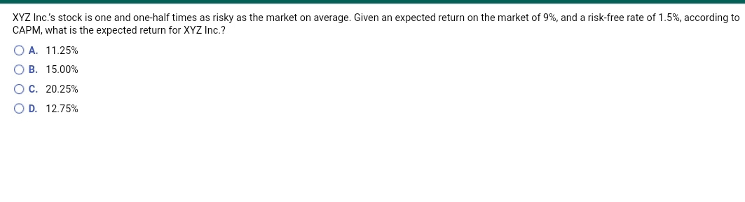 XYZ Inc's stock is one and one-half times as risky as the market on average. Given an expected return on the market of 9%, and a risk-free rate of 1.5%, according to
CAPM, what is the expected return for XYZ Inc.?
O A. 11.25%
O B. 15.00%
OC. 20.25%
O D. 12.75%
