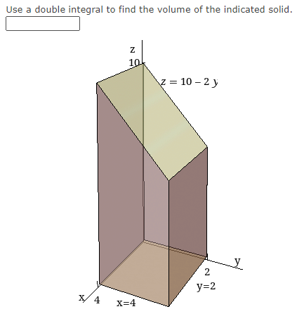 Use a double integral to find the volume of the indicated solid.
X/4
N
10
X=4
z = 10-2 y
2
y=2