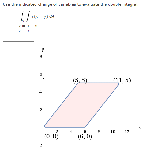 Use the indicated change of variables to evaluate the double integral.
faf x(x
y(x - y) da
- y) da
X = U+V
y = u
y
8
6
+
2
-2
(0, 0)
4
(5,5)
6
(6,0)
8
(11,5)
10
12
X