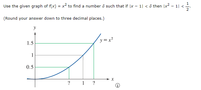 Use the given graph of f(x) = x² to find a number & such that if |x − 1| < ♂ then |x² − 1| < 1/1
(Round your answer down to three decimal places.)
y
1.5
1
0.5
?
1 ?
y=x²