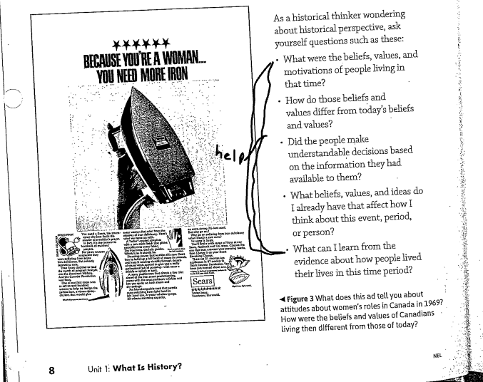 As a historical thinker wondering
about historical perspective, ask
yourself questions such as these:
***★★★
BECAUSE YOU'RE A WOMAN.
YOU NEED MORE IRON
What were the beliefs, values, and
motivations of people living in
that time?
· How do those beliefs and
values differ from today's beliefs
and values?
• Did the people make
understandable decisions based
on the information they had
available to them?
help
• What beliefs, values, and ideas do
I already have that affect how I
think about this event, period,
or person?
What can I learn from the
evidence about how people lived
their lives in this time period?
l idyo
Scars
*****
Figure 3 What does this ad tell you about
attitudes about women's roles in Canada in 1969?
How were the beliefs and values of Canadians
Living then different from those of today?
NEL
8
Unit 1: What Is History?
