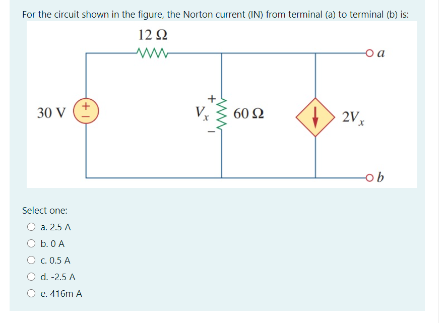 For the circuit shown in the figure, the Norton current (IN) from terminal (a) to terminal (b) is:
12 Q
1.
2V x
30 V
60 2
b
Select one:
О а. 2.5 А
b. 0 A
O c. 0.5 A
O d. -2.5 A
e. 416m A
+
