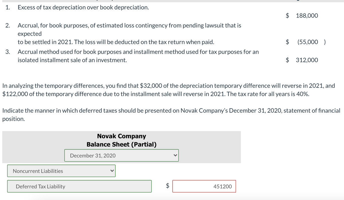 1.
Excess of tax depreciation over book depreciation.
$ 188,000
2. Accrual, for book purposes, of estimated loss contingency from pending lawsuit that is
expected
to be settled in 2021. The loss will be deducted on the tax return when paid.
$
(55,000 )
3.
Accrual method used for book purposes and installment method used for tax purposes for an
isolated installment sale of an investment.
$ 312,000
In analyzing the temporary differences, you find that $32,000 of the depreciation temporary difference will reverse in 2021, and
$122,000 of the temporary difference due to the installment sale will reverse in 2021. The tax rate for all years is 40%.
Indicate the manner in which deferred taxes should be presented on Novak Company's December 31, 2020, statement of financial
position.
Novak Company
Balance Sheet (Partial)
December 31, 2020
Noncurrent Liabilities
Deferred Tax Liability
$
451200
