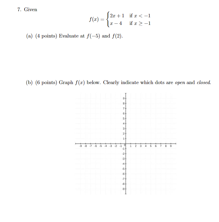 7. Given
2x+1
if x < −1
f(x) =
x-4
if x > -1
(a) (4 points) Evaluate at f(-5) and f(2).
(b) (6 points) Graph f(x) below. Clearly indicate which dots are open and closed.
9
8-
7-
6-
5+
4+
3+
2+
1-
9-8
-7 -6
-5
-4 -3
이
-2 -1
1
2
3
6 7 8 9
-1
-2-
-3+
-4
-6
-7+
-8+
-9+